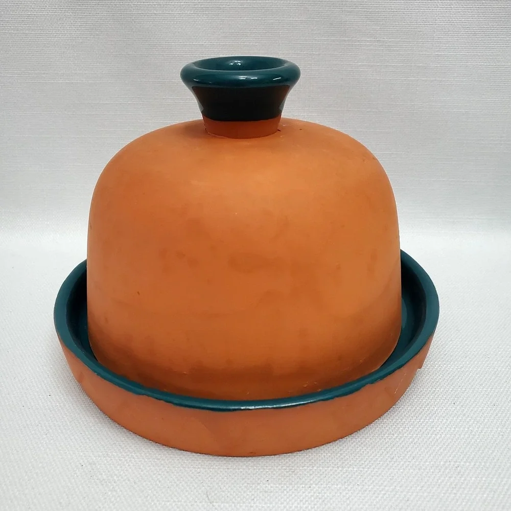 Vintage‎ ◇ Terra Cotta Garlic Baker Roaster ◇ Green And Brown ◇ Mexican Fiesta
